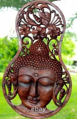 Buddha Wall Panel Plaque Hand carved Wood Sculpture Balinese art Boho Decor