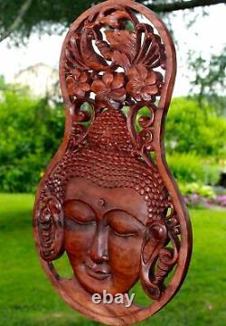 Buddha Wall Panel Plaque Hand carved Wood Sculpture Balinese art Boho Decor