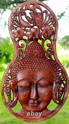 Buddha Wall Panel Plaque Hand carved Wood Sculpture Balinese art Boho Decor