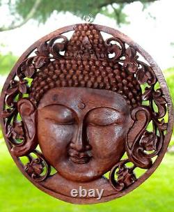 Buddha Wall sculpture Round Panel Plaque Hand Carved Wood Bali art Boho decor