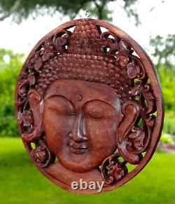 Buddha Wall sculpture Round Panel Plaque Hand Carved Wood Bali art Boho decor