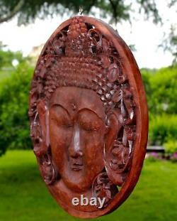 Buddha Wall sculpture Round Panel Plaque Hand Carved Wood Bali art Boho decor