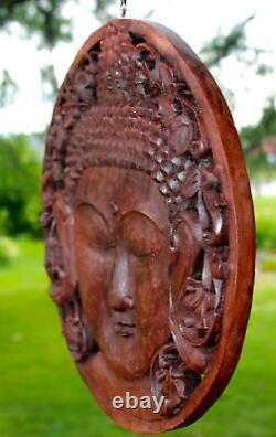 Buddha Wall sculpture Round Panel Plaque Hand Carved Wood Bali art Boho decor