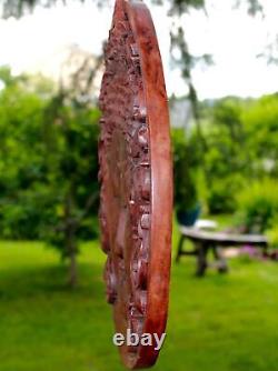 Buddha Wall sculpture Round Panel Plaque Hand Carved Wood Bali art Boho decor