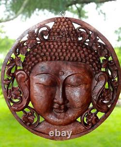 Buddha Wall sculpture Round Panel Plaque Hand Carved Wood Bali art Boho decor