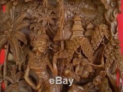 CARVED WOOD FIGURAL BALINESE BALI RELIEF WALL SCULPTURE PANEL ART Signed