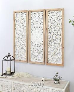 CASOLLY Carved Wood Wall Decor, Floral-Patterned Wooden Panels (Set of 3), Deco