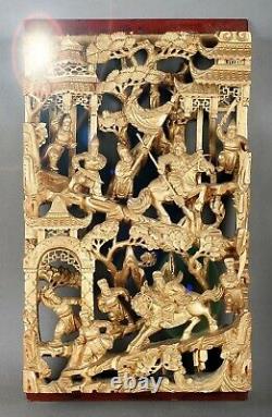 CHINESE CARVED GILT WOOD WALL PANEL LACQUER GILDED GOLD WARRIOR SHIELD 38 x 23