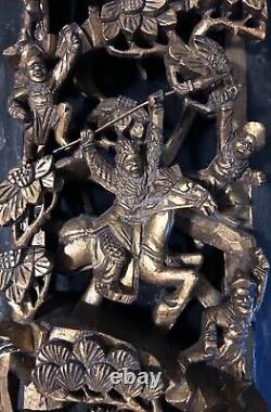 CHINESE CARVED GILT WOOD WALL PANEL LACQUER GILDED GOLD WARRIOR SHIELD 60 x 16