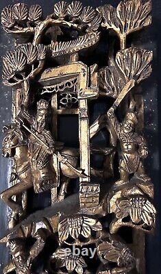 CHINESE CARVED GILT WOOD WALL PANEL LACQUER GILDED GOLD WARRIOR SHIELD 60 x 16