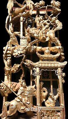 CHINESE CARVED GILT WOOD WALL PANEL LACQUER GILDED GOLD WARRIOR SHIELD 60 x 18