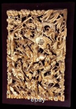 CHINESE CARVED GILT WOOD WALL PANEL LACQUER GILDED GOLD WARRIOR SHIELD 65 x 40