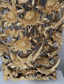 CHINESE CARVED GILT WOOD WALL PANEL LACQUER GILDED GOLD WARRIOR SHIELD 70 x 40