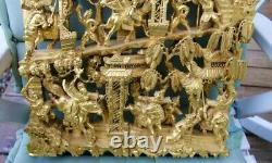 CHINESE CARVED GILT WOOD WALL PANEL LACQUER GILDED GOLD WARRIOR SHIELD 70 x 40