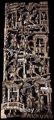 CHINESE CARVED GILT WOOD WALL PANEL LACQUER GILDED GOLD WARRIOR SHIELD 80 x 30