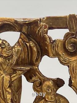 CHINESE GILT WOOD CARVED PANEL FOUR MEN WITH INTRICATE DETAILS 6.25 x 6.75