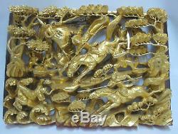 CHINESE Gold Gilt WOOD Carved BATTLE Scene Wall Hanging Panel