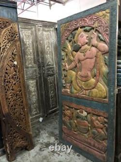 CUSTOM DOORS Indian Carving Door Panel Vintage Hand Carved Wood Sculpture 72x36