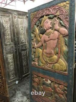 CUSTOM DOORS Indian Carving Door Panel Vintage Hand Carved Wood Sculpture 72x36