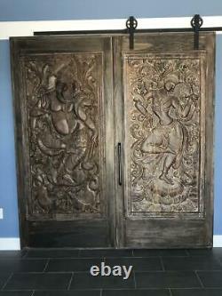 CUSTOM DOORS Indian Carving Door Panel Vintage Hand Carved Wood Sculpture 72x36