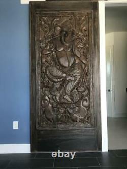 CUSTOM DOORS Indian Carving Door Panel Vintage Hand Carved Wood Sculpture 72x36