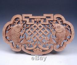 Camphor Wood 2 Jumping Blessing Carp Fishes Hand Carved Wall Hanging Decor Panel