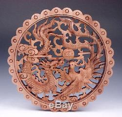Camphor Wood Dragon Phoenix Clouds Pearl Ball Carved LARGE Hanging Panel 11