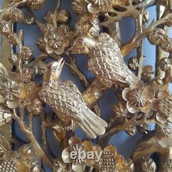 Carved & Gilded Wooden Chinese Panel decorated with Two Love Birds & Prunus 1910