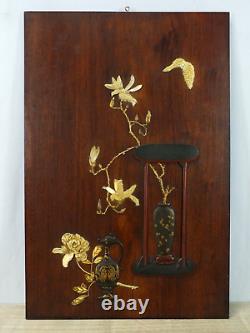 Carved Japanese Wood Panel with Bone and Mother of Pearl Inlays