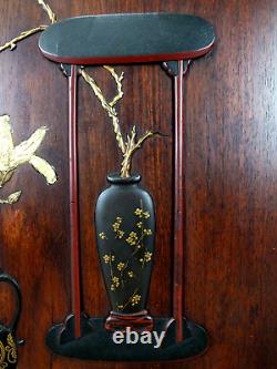 Carved Japanese Wood Panel with Bone and Mother of Pearl Inlays