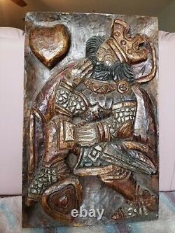 Carved Polychrome Wood Panel Relief Carving King of Hearts Medieval