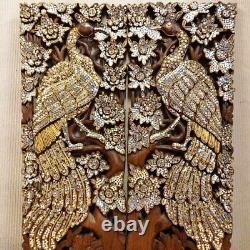 Carved Wood Decor Asian 13.7 X 35.4 X 0.98 Wall Art Panel Hanging Peacocks