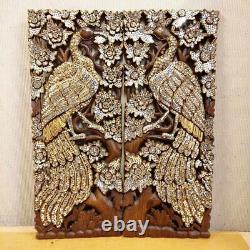 Carved Wood Decor Asian 13.7 X 35.4 X 0.98 Wall Art Panel Hanging Peacocks