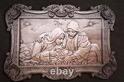 Carved Wood Panel of Holy Family Virgin Mary, little Jesus and Joseph. 31.5