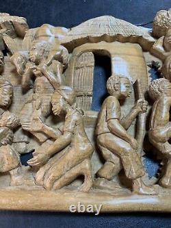 Carved Wood Relief Wall Hanging Panel Ethnographic Village Scene 17 1/2 X 7