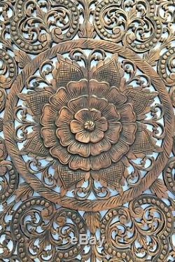Carved Wood Sacred Fig Leaf Floral Asian Bali Home Decor Wall Art Panels 48