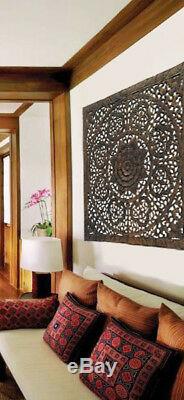 Carved Wood Sacred Fig Leaf Floral Asian Bali Home Decor Wall Art Panels 48