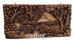 Carved Wood Wall Art Panel Asian Farmhouse Elephant Vintage Retro Home Decor