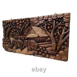 Carved Wood Wall Art Panel Asian Farmhouse Elephant Vintage Retro Home Decor