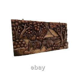 Carved Wood Wall Art Panel Asian Farmhouse Elephant Vintage Retro Home Decor