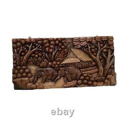 Carved Wood Wall Art Panel Asian Farmhouse Elephant Vintage Retro Home Decor