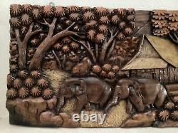 Carved Wood Wall Art Panel Asian Farmhouse Elephant Vintage Retro Home Decor