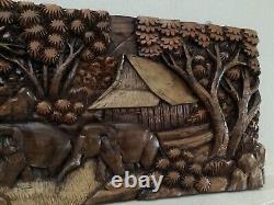 Carved Wood Wall Art Panel Asian Farmhouse Elephant Vintage Retro Home Decor