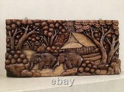 Carved Wood Wall Art Panel Asian Farmhouse Elephant Vintage Retro Home Decor