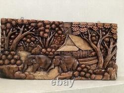 Carved Wood Wall Art Panel Asian Farmhouse Elephant Vintage Retro Home Decor