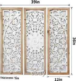 Carved Wood Wall Decor Floral-Patterned Wooden Panels (Set of 3) 39x36x1