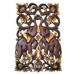 Carved Wood Wall Panel- Elephant with Lotus Flower Design, Size 30x45cm Set