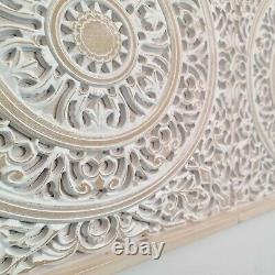 Carved Wooden Decorative Wall Art Lotus Bed Headboard Panel Distressed White