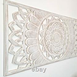 Carved Wooden Mandala Wall Art Lotus Bed Headboard Panel Distressed White
