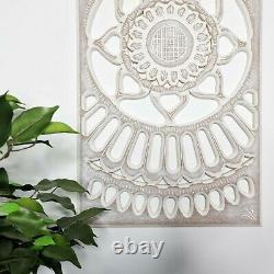 Carved Wooden Mandala Wall Art Lotus Bed Headboard Panel Distressed White